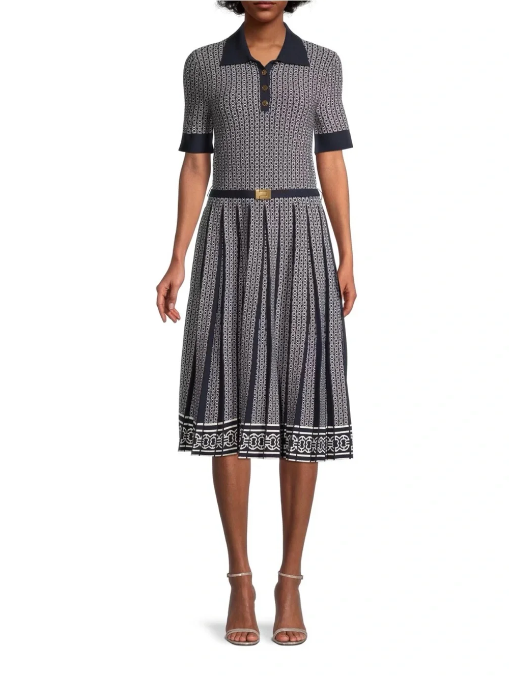 NWOT Tory Burch Gemini Link Jacquard Dress In Classic Ivory Tory Navy. Size L